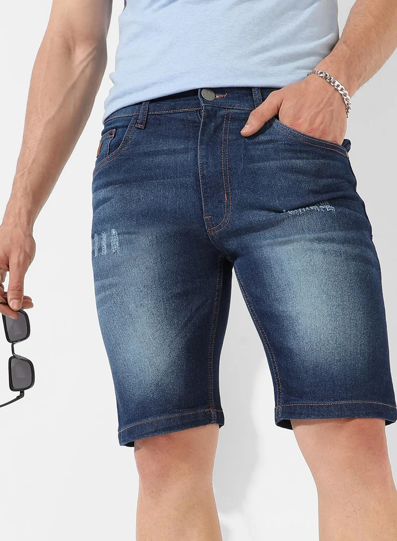 كامبوس سوترا Men's Classic Dark Blue Dark-Washed Distressed Patterned Denim Shorts | Regular Fit | Premium Stretchable Cotton Mid-Rise Crafted With Comfort Fit and High Performance For Everyday Wear